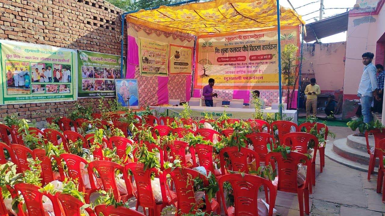 Sapling packets wait on the chairs before the Raipura Jat camp, 13 September 2026